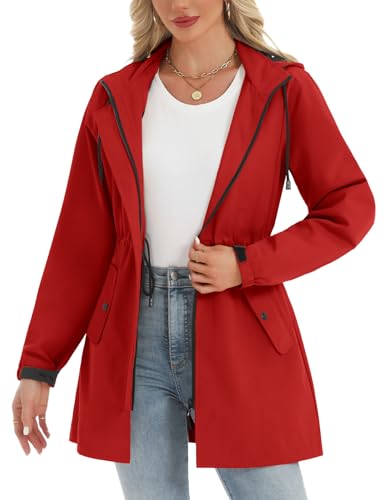 Xukk Women's Waterproof Rain Jacket Lightweight Raincoat Hooded Outdoor Windbreaker Long Trench Coat with Detachable Hood(Red,XXL)