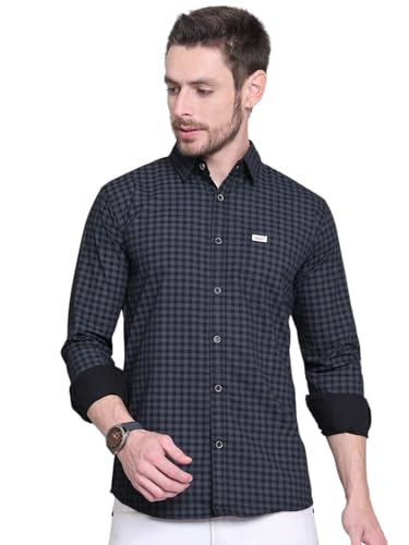 Majestic Man Men Comfort Slim Fit Pure Cotton Tartan Checked Casual Shirt (Black, Medium)