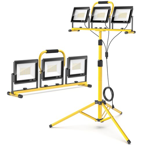 21000LM LED Work Lights with Stand: 3 Head Portable Work Light with 16.5FT Cord - IP66 Waterproof Height-Adjustable Tripod Worklights for Indoor/Outdoor Job Site Workshop Construction Garage Lighting
