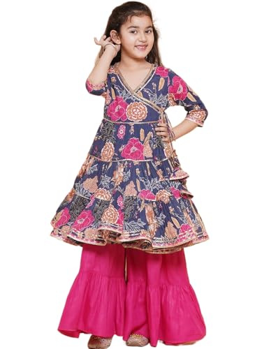 Preneum Girls Cotton Fabric Floral Printed 3/4 Sleeve Angrakha Gotta Patti Kurta & Sharara Dress Set with Dupatta, All Occasion Salwar Suit (IN, Age, 11 Years, 12 Years, Regular, Navy Blue)