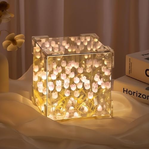 Coozico Acrylic DIY - Do It Yourself - Tulip Cube Mirror Lamp, 30 Flowers Led Decorative Lamp, 2 in 1 Mirror & Table Ornaments for Bedroom Livingroom Desktop Decor Birthday Gift Multicolor
