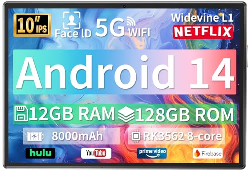 JJGJ 10 Inch Android Tablet, 12GB RAM 128GB Storage (Expandable to 1TB), 5G WiFi, 8000mAh Long Battery Life, Octa-Core Processor, Dual Camera (5MP+8MP), Face Unlock, Black