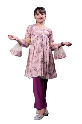 Aarya DESIGNER Girls Ethnic Floral Printed Tissue Kurti and Pant with Dupatta Lavender