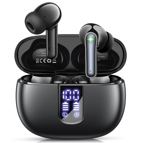 Ear Buds Wireless Earbuds - Bluetooth 5.3 Headphones (48H Playback) Built in Mic with LED Display Charging Case, IP7 Waterproof Earphone for iPhone Andriod Phones Laptop Sports Workout - Black