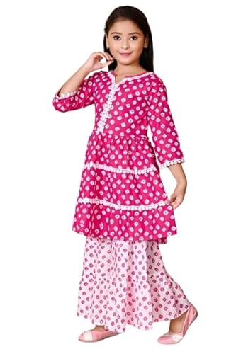 Girls Pink Bandhani Printed with Cotton Flower Lace Kurta with Sharara Suitable for 6 Years-7 Years