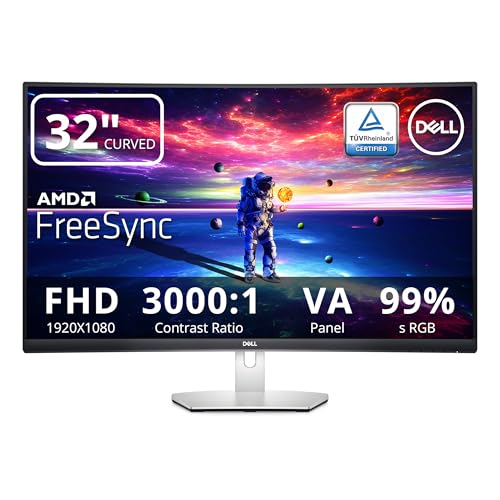 Dell S3222HN Curved Monitor, 32-inch FHD (1920 x 1080) 75Hz LED Display, 1800R Curvature, 4ms Response Time, AMD FreeSync, 16.7 Million Colors, Tilt Adjustability, HDMI, Silver
