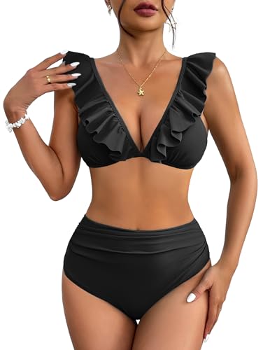 AI'MAGE Damen Bikini Set Wickeloptik Bademode V Ausschnitt Bauchweg 2-teiliger Badeanzug Swimsuit Schwarz M