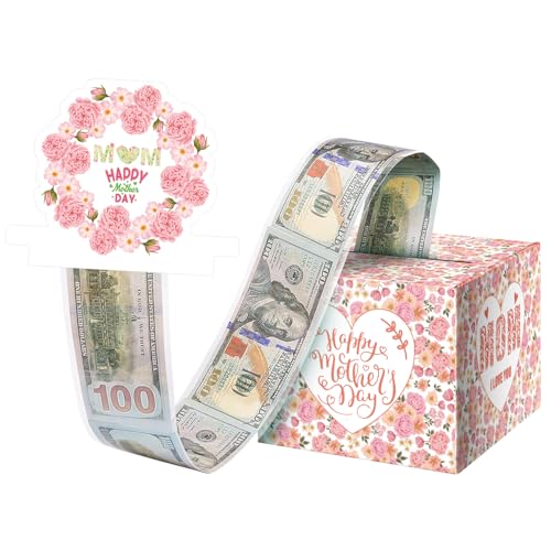 JWSCYSY Mother's Day Money Box for Cash Gift Pull, Surprise Money Holder Cash Gift for Wife Mom Grandmother, DIY Fun with Pull Out Card and 50Pcs Transparent Bags (Heart and Flower)
