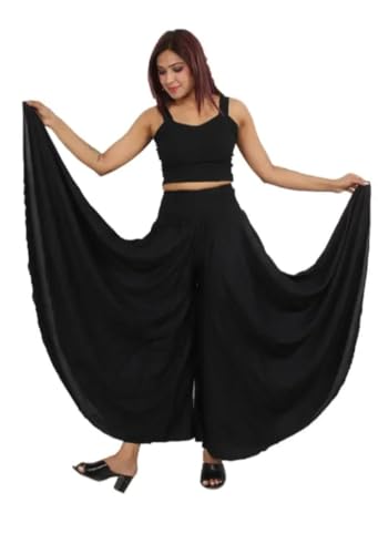 SMALL TRY Wide Leg Palazzo Pants for Women, Rayon Cotton Flared Dance Trousers, Elastic Waist, Women Full Flared Butterfly Palazzo (Free Size) (in, Alpha, XL, Regular, Black)