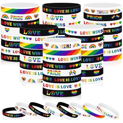 JUNEBRUSHS 64pcs Rainbow Pride Silicone Bracelets LGBT Support Rubber Wristbands for Pride Day Month Parades Decorations Party Accessories (8 Designs)