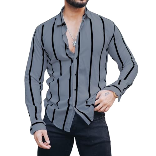 MiraMichi Men's Striped Slim Fit Lycra Shirt | Full Sleeve Stretchable Shirt | Trendy Black and White Vertical Stripes for Casual (in, Alpha, XL, Grey)