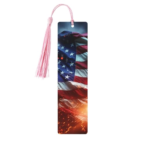 Fireworks American Flag Bookmark, Wooden Bookmarks for Book Lovers Handmade Wood Book Mark with Tassel Reading Page Markers Ornament Wooden Gift Tags Labels for Craft Decorations