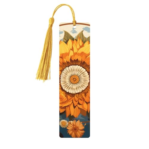 Sunflower Surrounded by Butterflies Bookmark, Wooden Bookmarks for Book Lovers Handmade Wood Book Mark with Tassel Reading Page Markers Ornament Wooden Gift Tags Labels for Craft Decorations