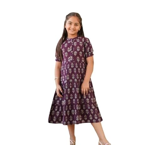 JAIMITI Latest Rayon Printed Anarkali Kurta Gown Frock for Girls| Kurtas & Kurtis Black Color Stylist and Trendy Bandhej on Purple. (in, Alpha, L, Regular, 7-9 Years, Purple)
