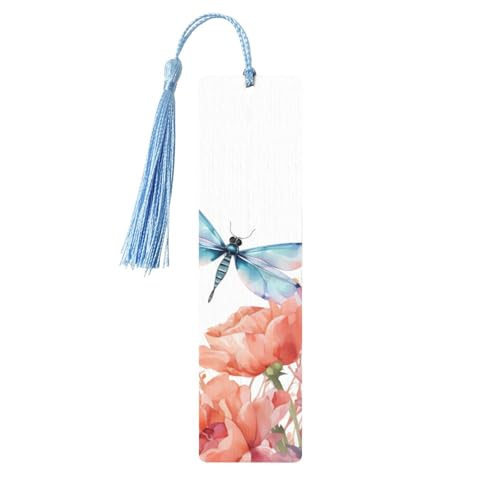 Watercolor Flowers with Dragonfly Bookmark, Wooden Bookmarks for Book Lovers Handmade Wood Book Mark with Tassel Reading Page Markers Ornament Wooden Gift Tags Labels for Craft Decorations