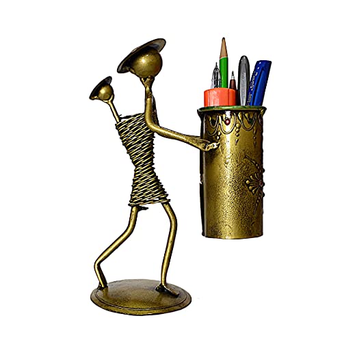 CHASING CAMEL Handcrafted Iron Painted Wire Lady Baby Pen Stand | Antique Decorative Showpiece Figurine, Unique Pen Holder for Home, Office, Study Table & Gift Ideas - 5.5x4x8 Inch (Golden)