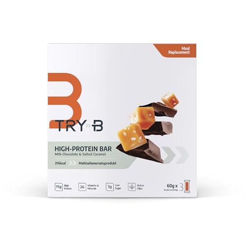 TRY‑B Milk Chocolate Salted Caramel – Mahlzeitenersatzriegel +26 essenziellen Vitaminen & Mineralstoffen, proteinreich – 3 Riegel pro Box | Unterstützt Gewichtsmanagement & bewusste Ernährung