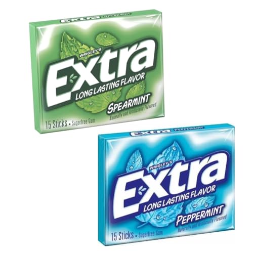 Extra Sugar-Free Chewing Gum, Spearmint and Peppermint Flavours, 15 Sticks Each Pack, 37.5g, Pack of 2