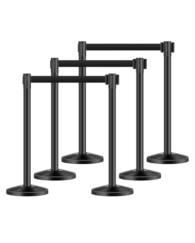 VEVOR Stanchion Post, 6 Pcs Crowd Control Barrier with 6 Retractable Belts, Carbon Steel Black Stanchion Post Queue with Sand Injection Hollow Base for Theaters, Parties, Weddings, Exhibitions, Black
