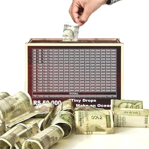 Karni Craft - Wooden Money Saving Box for Kids & Adults, Piggy Bank with Numbers, Coin Box, Savings Bank, Cash Saver, Mini Wooden Bank, Smart Money Box (50,000)