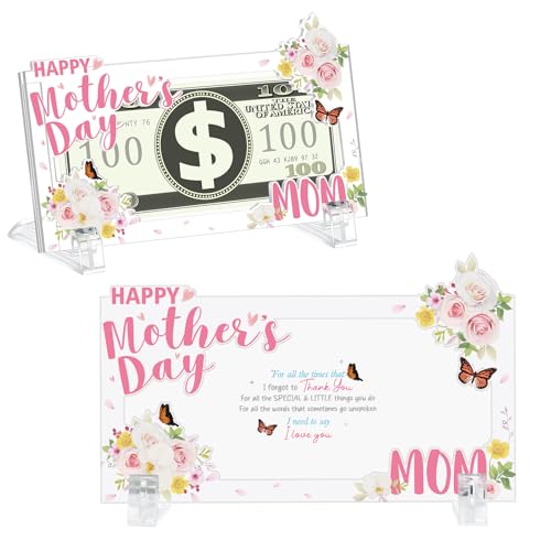 Yuntau Father's Day Gift Money Holders for Cash Gift Acrylic Money Box Currency Holder with Transparent Bracket for Mom Dad Cash Organizer Party Present Mother's Day(Rose Style)