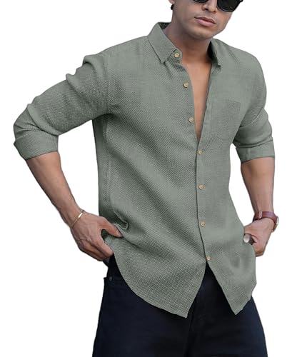 NexaFlair Men Linen Cotton Solid Shirt | Casual | Plain | Full Sleeve | Summer-Regular Fit| Stylish Shirt | Everyday Formal Wear ( Alpha, M, Regular, Grey)