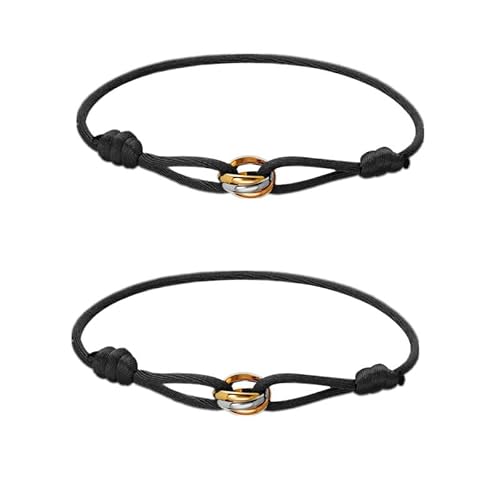 Azlanway Segeltau Damen Armband Tricolor, 2 Stück Paar-Armband, Kordelarmband mit Edelstahl Ring in Silber, Gold & Roségold, Freundschaftsarmbänder, Einstellbares Handgelenk Armbänder, Schwarz