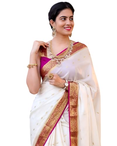 MAHEK Banarasi kanjivaram Sarees for Women's Indian Saree Fancy Wedding saree Party Wear sari & Blouse Piece MF299(White)
