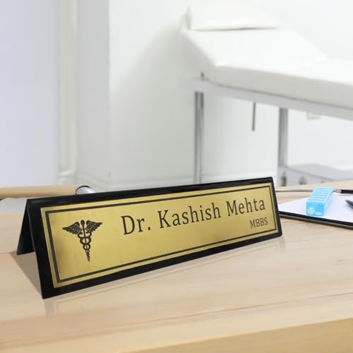 Personalized Acrylic Desk Name Plate - Custom Office Name Sign, Elegant Gift for Doctors, Advocates & Professionals (10x2.5 inches, Clear & Durable) (Brushed Gold)