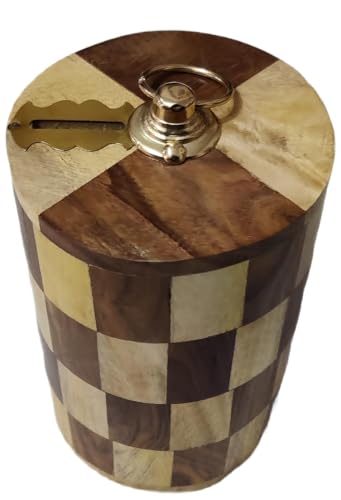 WOODEUM ENTERPRISES Handmade Wooden Master Size Money Bank in 6 x 4 inch with Key Lock Coin Box Brass Design Kids & Adults Gifts Item Piggy Bank (Chess Money Bank)