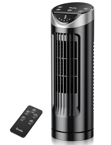 Grelife 16'' Tower Fan for Bedroom, 26dB Quiet Floor Fan with Remote, 3 Mode, 1-8H Timer, 90° Oscillating Fans for Indoors with 27ft/s Velocity, Portable Desk Table Fan for Room, Home, Office,Black