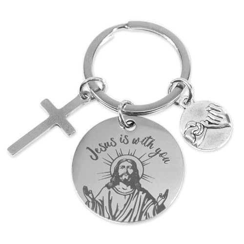 Jesus Is With You Keychain, Funny Double-Sided Cross Christian God Key Chain, Novelty Bible Verse Key Ring, Religious Gift for Women Men, Pinky Charm, Inspirational Easter Baptism Accessories