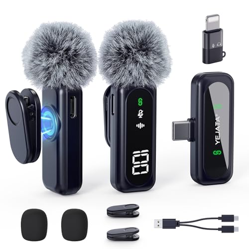 YEJATA Wireless Microphone with Digital Battery Display 360° Omnidirectional Noise Cancelling 100FT Range Rotatable Clip for iPhone 15/16 Android PC iPad Tablet