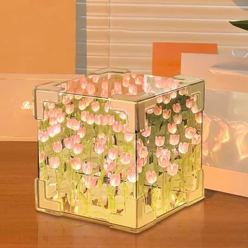 Do It Yourself Tulip Night Lamp Mirror LED Decorative Nights Lamp for Bedroom, Handmade Magic Cube Tulips Flower Table Lamp 2 in 1 Flowers Birthday Gifts for Women and Girl