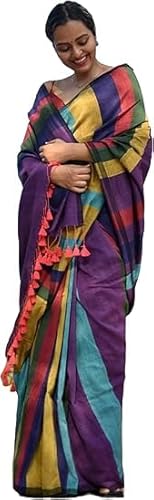 Traditional Indian Handloom Pure Cotton Saree With Multicolour Design Including Blouse Casual Wear (Multicolor.)