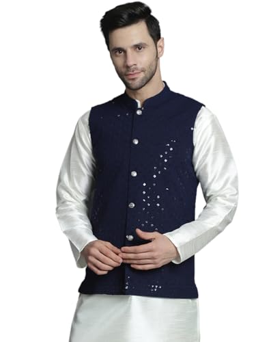 Maple Clothing Sleeveless Cotton Nehru Jacket Men's Traditional India Modi Waistcoat Vest Guest Outfit (Navy Blue, S)