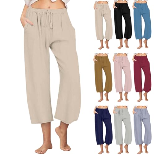 Cotton Linen Pants for Women 2025 Wide Leg Cropped Lounge Trousers Drawstring Elastic Waist Summer Beach Pant Outfits Beige Women Linen Pants M