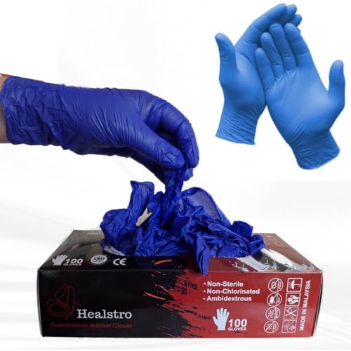 Healstro Nitrile Hand Gloves, Pack of 100, Medium, Blue | Powder Free, Latex Free, Food Grade, ISO Approved, Non Sterile, Medical Use | Multi Purpose Gloves for Cooking, Cleaning & Food Handling