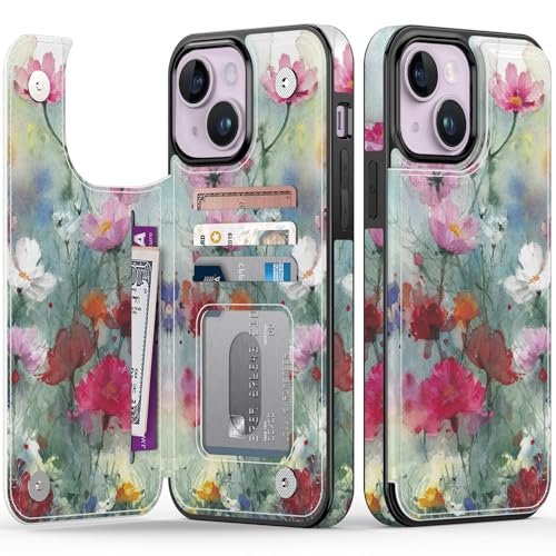 FUNMIKO for iPhone 14 Plus Wallet Case with Card Holder, RFID-Blocking, Military-Grade Drop Protection & Floral Animal Design, Magnetic Closure with Leather Kickstand - Dreamy Flowers