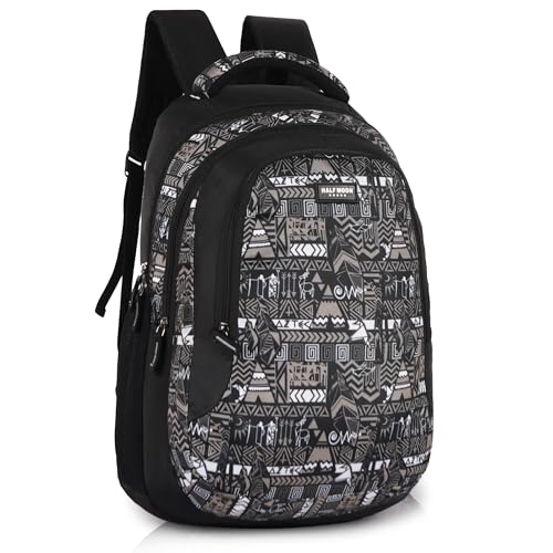 Half Moon Wild Class 5-12 School Bag for Boys Girls | Laptop Bagpack Backpack for Men Women | 3 Zips Stylish And Trendy College Bags for Students (Black and Grey) (Black and Grey)