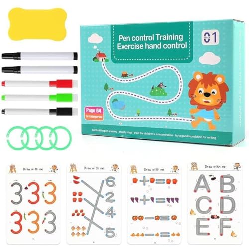 Abhaymart 64 Pages Magical Tracing Workbook Set, Hand Writing Pen Control Training Book For Learning To Write The Alphabets & Numbers, Preschool Educational Reusable Learning Book For Kids