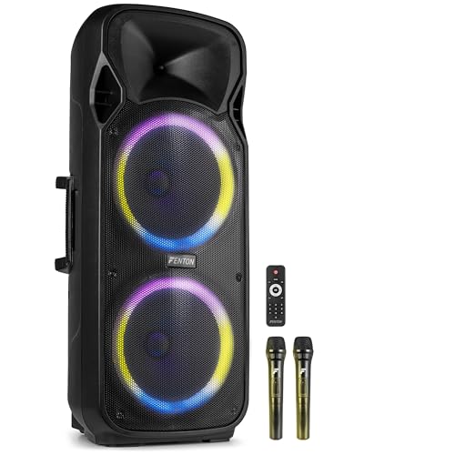 Fenton FT212LED MK2, Party Box Bluetooth Lautsprecher Groß 1400W, Musikbox Bluetooth Groß, 15" LED Subwoofer, Mikrofon, Akku- Netzbetrieb, AUX Eingang, USB Media-Player, Stereo-Pairing, Partybox