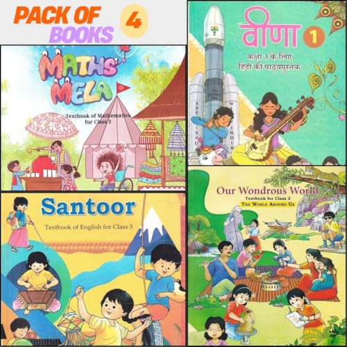 NCERT Class 3 Textbooks Mathematics - Maths Mela, Hindi - Veena, English - Santoor, EVS & Our Wondrous World | Pack of 4 Books | Updated 2024-25 Edition