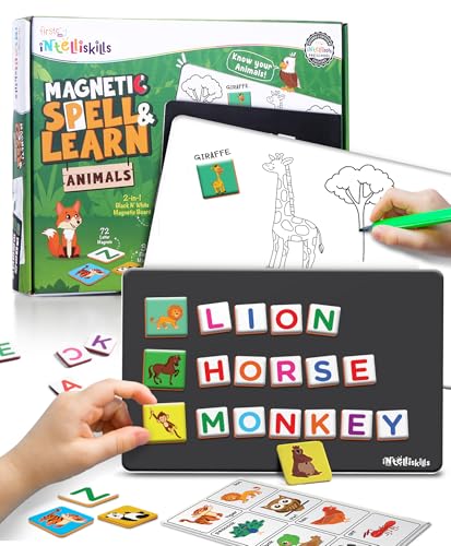 Intelliskills Premium Magnetic Animal Spell & Learn Board for Kids-72 Letters,32 Pictures&1 Magnetic Board,Magnetic Alphabets for Kids,Learning & Educational Toy for 3+ Year Old,Spelling Game for Kids