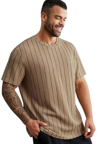 FN3 Men Cotton Waffle Stripe Regular Fit Tshirt Khaki, Large