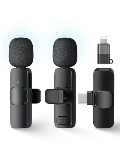 2 Pack Wireless Lavalier Microphone for iPhone,iPad,Android Phone, Mini Microphone Plug-Play Noise Reduction Wireless Mic, Clip on Lapel Mic for Video Recording Vlog YouTube Tiktok Interview Podcast