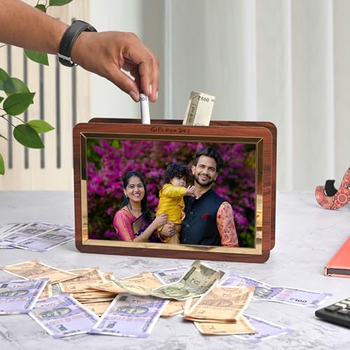 GKD Personalized Wooden Piggy Bank | Custom Photo Money Box | Savings Tracker ₹1,00,000 with ₹50, ₹100, ₹500 Marking | Handmade Coin Bank for Kids, Adults, Gift & Home Use (Regular)