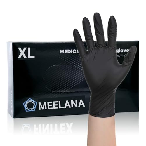 MEELANA Powder Free Nitrile Hand Gloves, Food Grade, Made In Malaysia Pack of 100 (Black, XL)