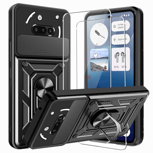 KZIOACSH Case for Nothing Phone (3a), Slide Camera Lens Hard PC+Soft TPU Protective Cover 360 Degree Rotation Ring Kickstand Military Anti-Scratch Tough Shell with 2 Tempered Glass, Black