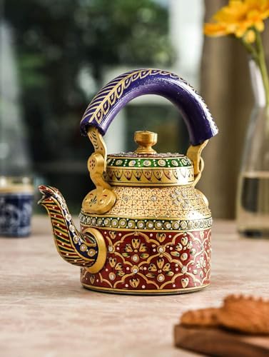Gaurav Prime Item Present Handpainted Rajasthani Traditional Aluminium Decorative Tea Kettle - Colorful, Unique Design (8.5 x 8.25 x 5.5 Inches)